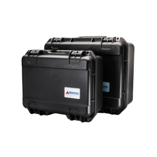 Two black rugged cases with latches stacked together, featuring a small label on the front.