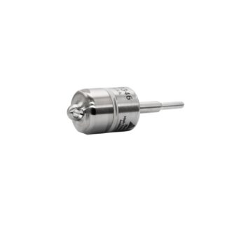 Small stainless steel precision tool with a cylindrical body and a long slim shaft extending to the right; likely a micro probe or calibration accessory.