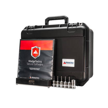 MadgeTech 4 Secure Software kit with a black protective case, a software manual, and a row of small metal probes/tools by the case edge.