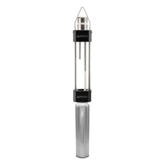 Stainless steel temperature probe with a tall vertical rod, black mounting blocks, and a silver cylindrical base labeled MadgeTech.