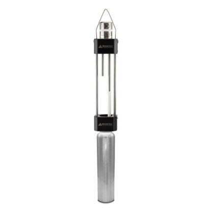 Stainless steel temperature probe with a tall vertical rod, black mounting blocks, and a silver cylindrical base labeled MadgeTech.