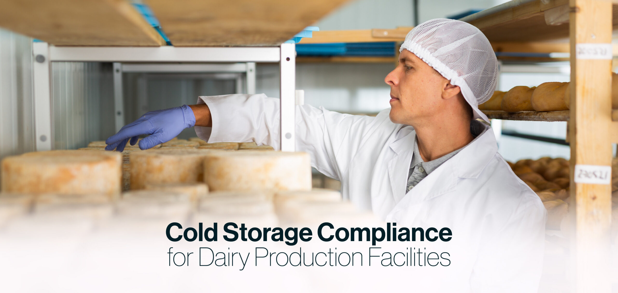 Dairy worker in a white coat and hairnet handling cheese blocks in a cold storage room.