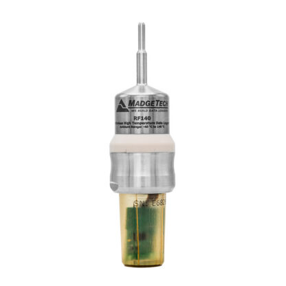 Data logger probe (MadgeTech RF140) with metal housing and amber sensor capsule, used to record high-temperature environmental data