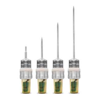Set of four precision needle-style tips for a soldering iron, arranged from small to long, with MADGETECH labels and translucent handles at the base.