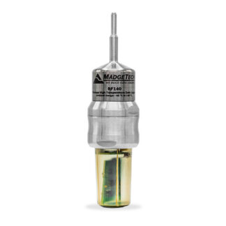 RF140 high-temperature data logger probe with a metallic housing and exposed sensor tip, used for recording temperature data.