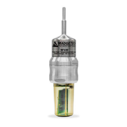 RF140 high-temperature data logger probe with a metallic housing and exposed sensor tip, used for recording temperature data.