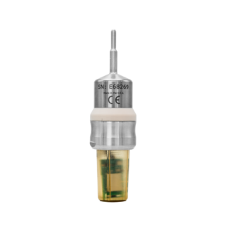 Close-up of a metallic connector with a central pin and amber translucent cartridge at the bottom. The part is labeled SN: E68269 and shows a CE mark, made in the USA.